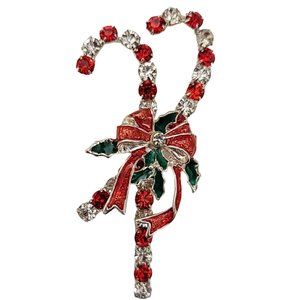 Silver Tone Red Clear Prong Set Rhinestone Christmas Candy Cane Pin Brooch K722